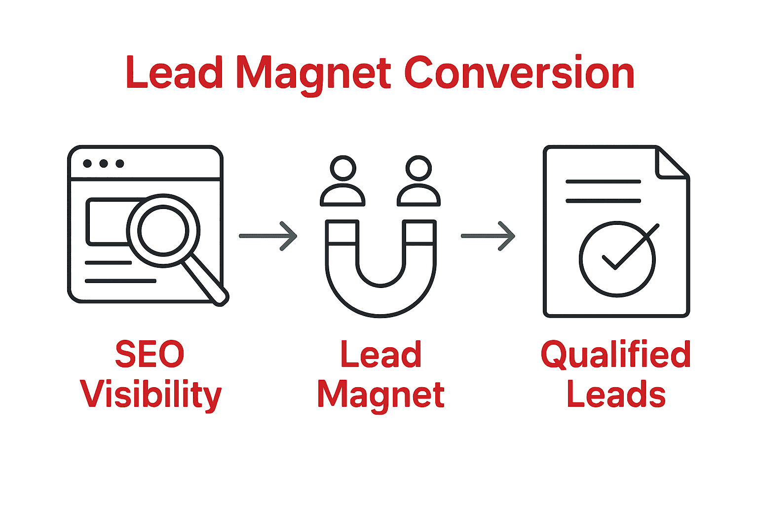 Infographic showing SEO driving visitors, lead magnets capturing leads, and qualification process.