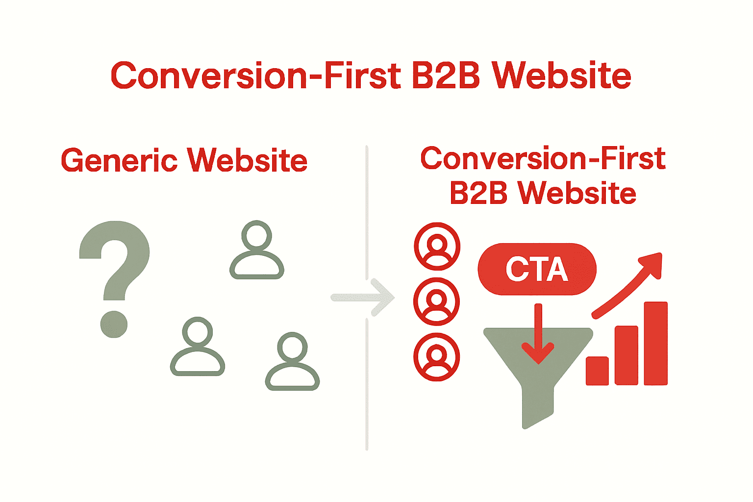 Infographic showing comparison of generic website versus conversion-focused high-ticket B2B site with clear user journey icons.